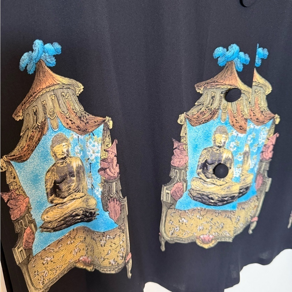 Harari 100% Black Silk Mandarin Collar Top with Blue Buddha Print in Size 0X - Picture 3 of 8